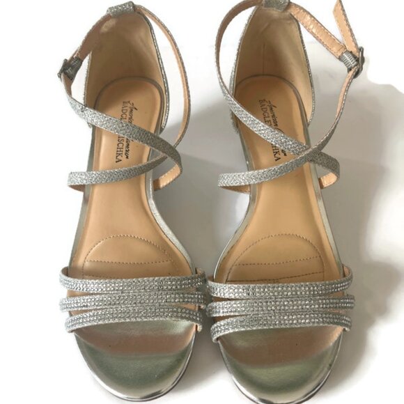 Badgley Mischka 8.5 Silver ankle low wedge open toe sandals Sz 8.5 - Picture 4 of 9
